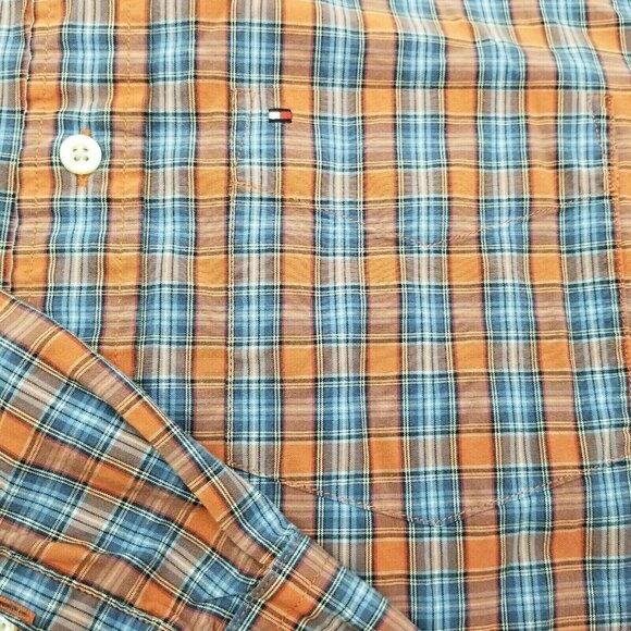Tommy Hilfiger Long-Sleeve Button Down Shirt Color: Orange & Blue Size Small - Picture 3 of 9